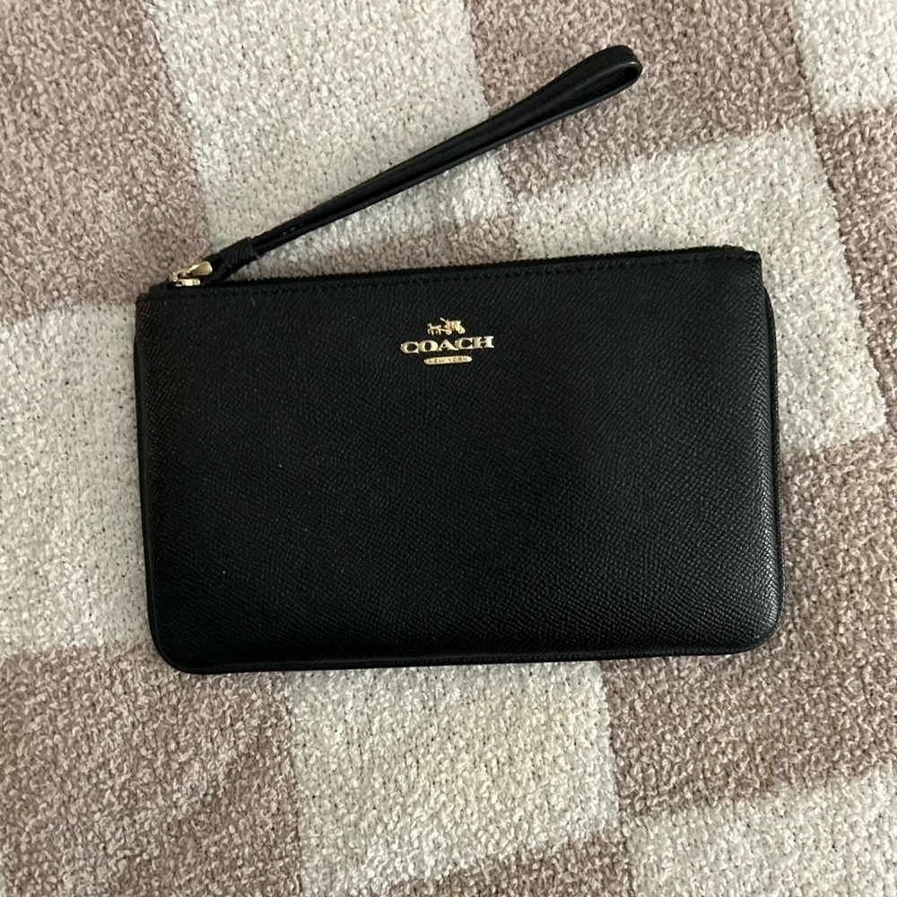 Coach Black Leather Wristlet with Gold Logo